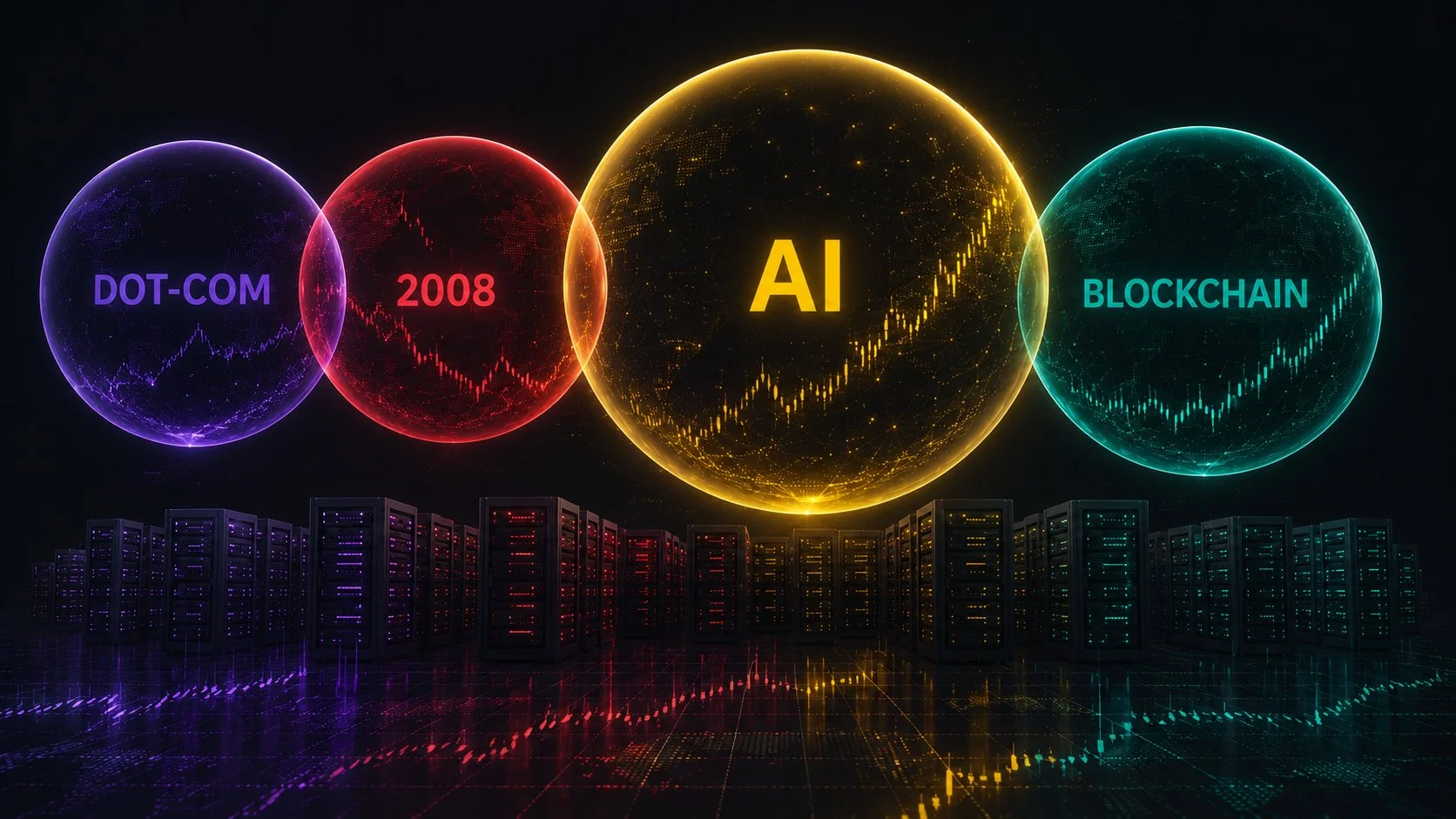 Editorial illustration of three overlapping bubbles labeled Dot-Com, 2008, and AI floating above a dark grid of data center server racks, rendered in violet and crimson tones