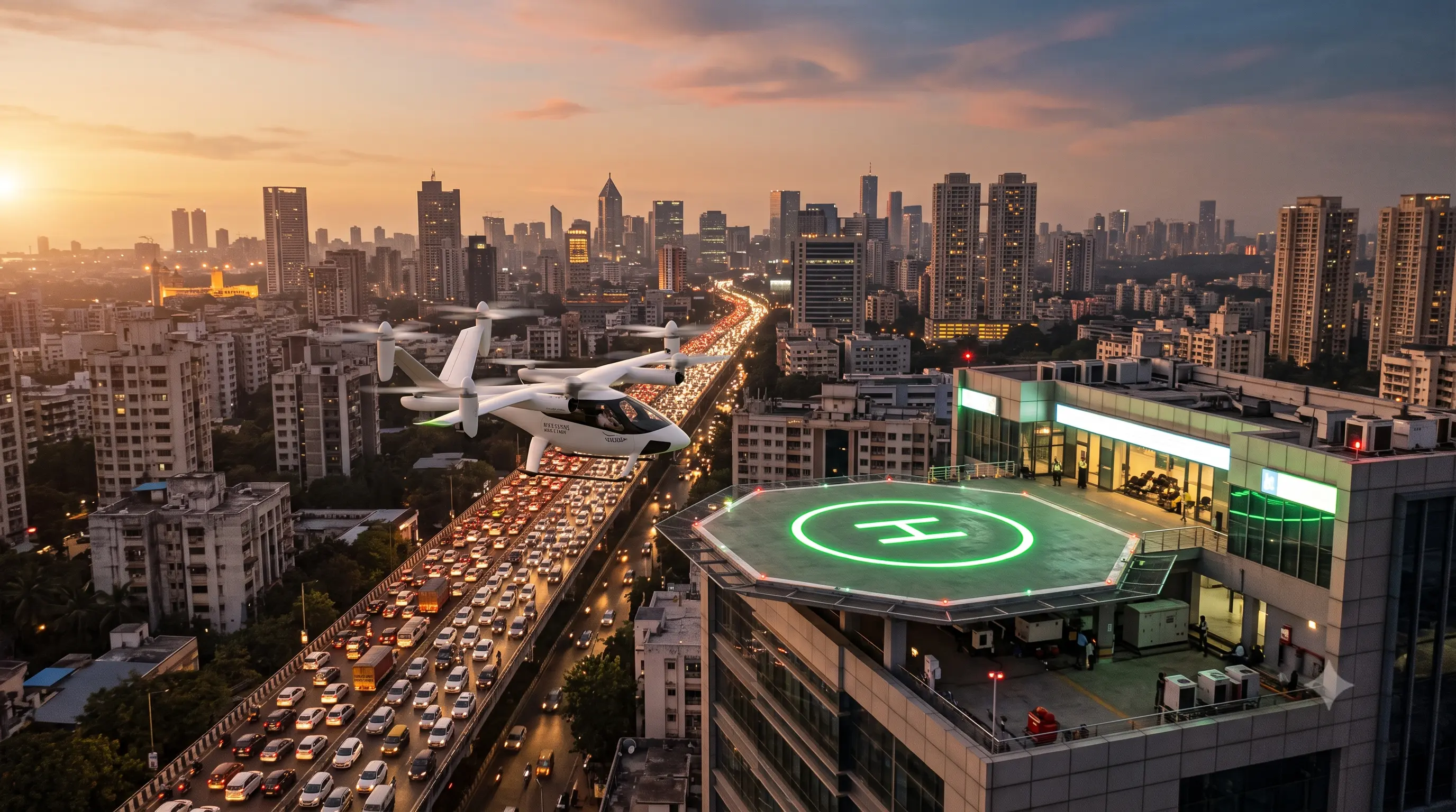 A futuristic electric air taxi approaching a vertiport above an Indian cityscape at dusk, with conventional traffic visible below