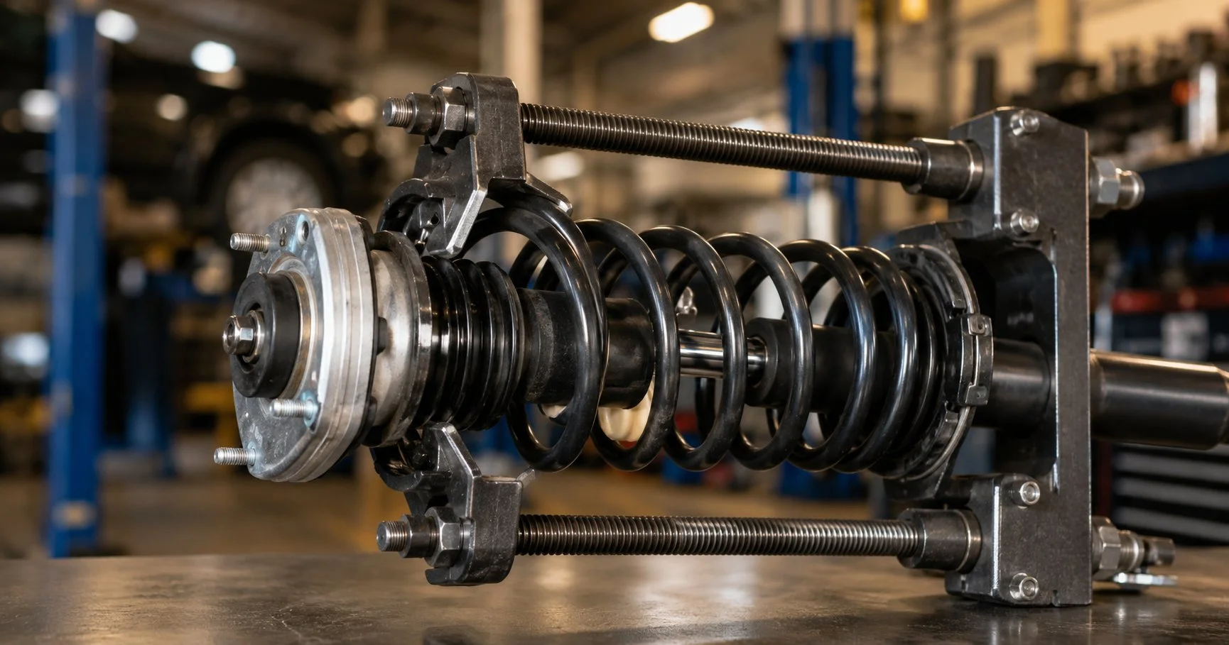 Close-up of a rear suspension strut and coil spring assembly on a car lift in a workshop