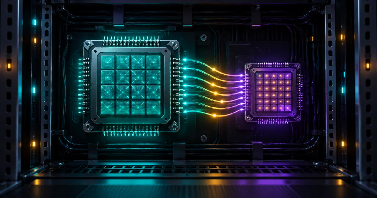 Illustration of a small violet chip and a large teal chip sitting side by side in the same glowing server rack, joined by bright data lines