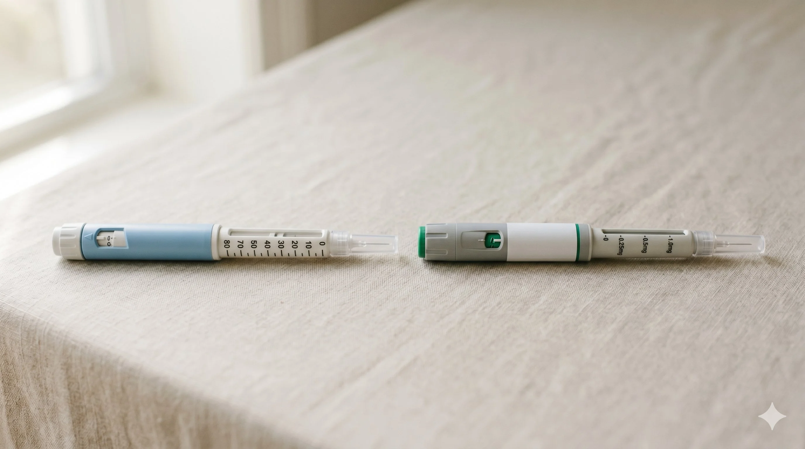Ozempic injection pen and insulin pen placed side by side on a table