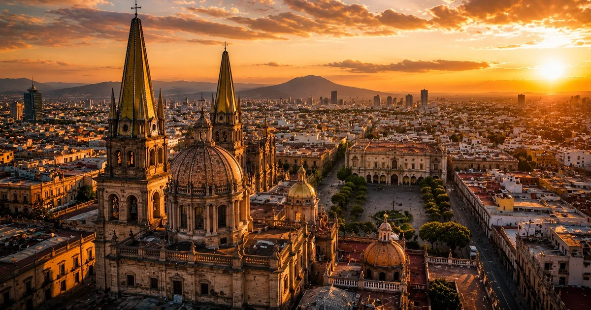 Aerial view of Guadalajara Cathedral at golden hour, with the city skyline stretching to the mountains beyond