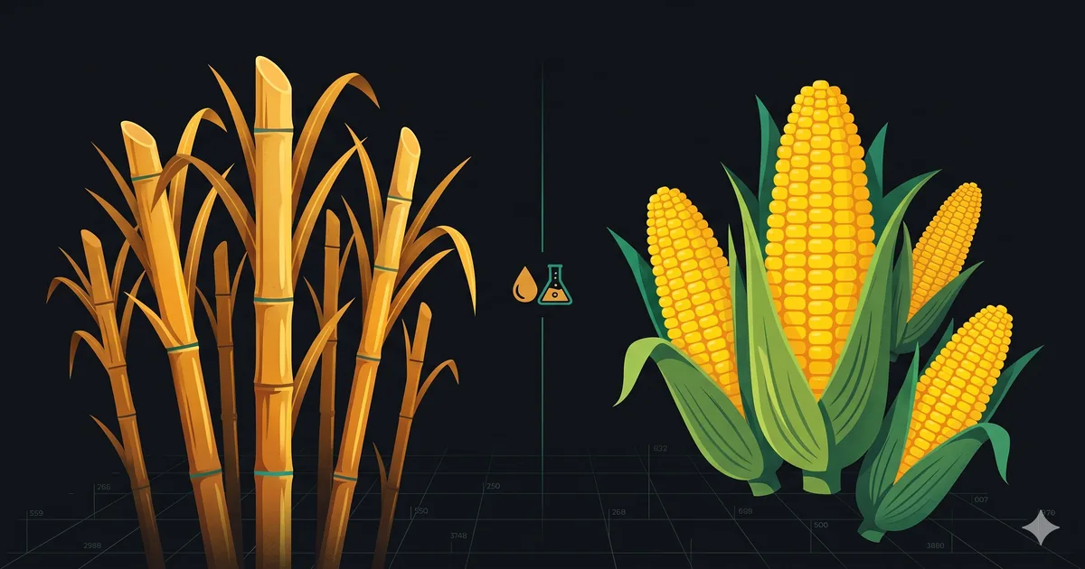 Editorial illustration showing sugarcane stalks on the left and corn cobs on the right, split by a teal divider with ethanol flask icons, on a dark charcoal background with data grid lines