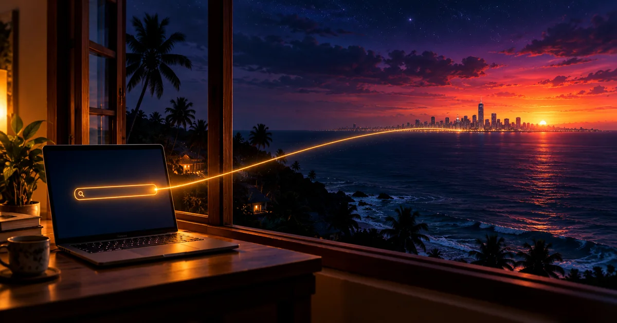Illustration of a laptop on a desk in India at night with a glowing search bar and a line of light stretching across a dark ocean towards a distant city skyline at sunrise