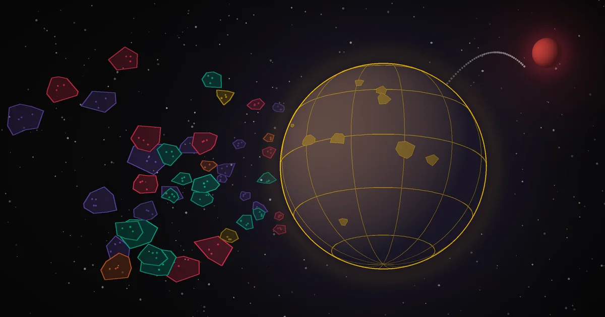 Illustration of colourful territory fragments drifting together into a single glowing yellow globe, with a small red planet in the distance