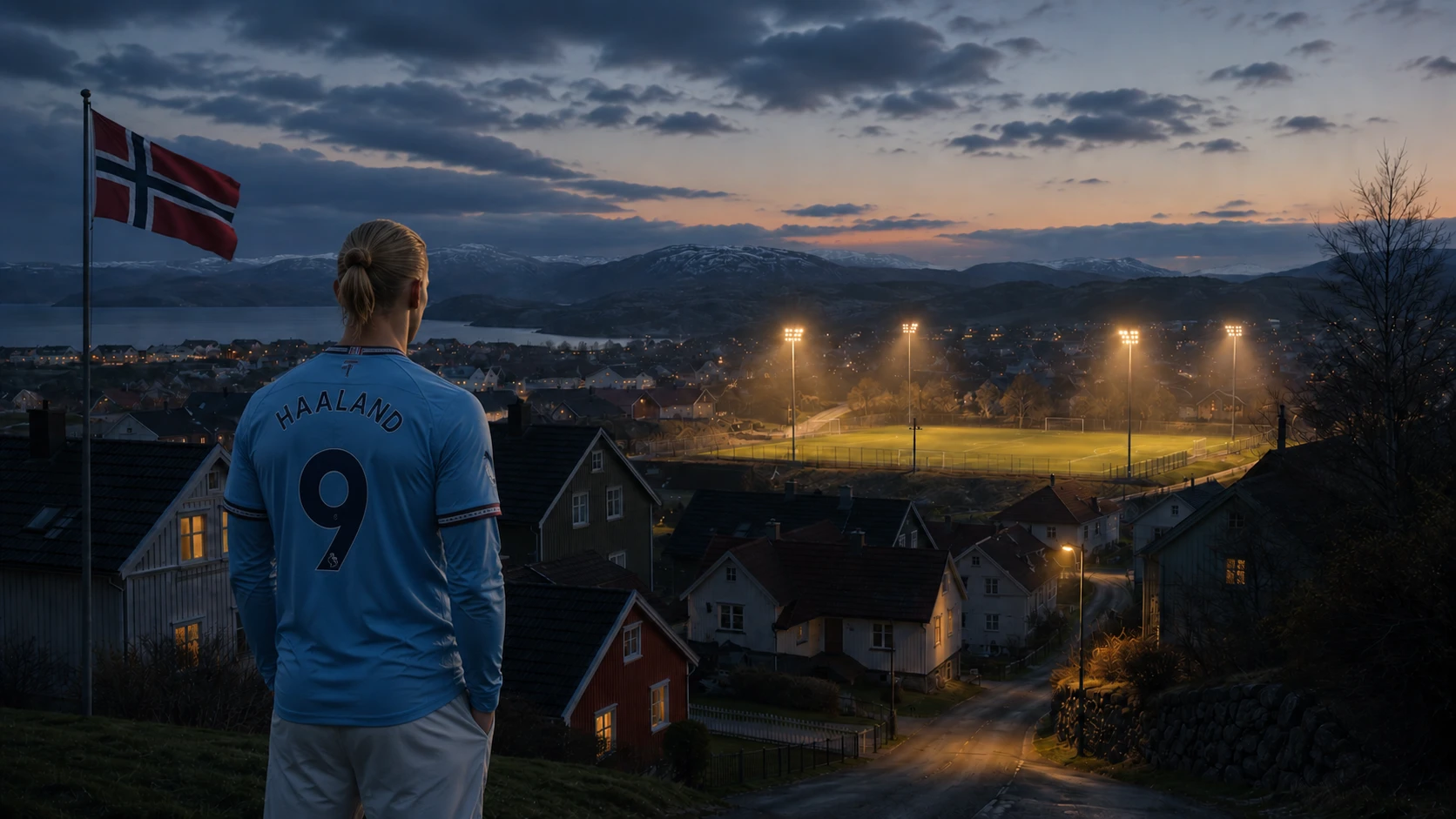 A quiet Norwegian small town street beside a floodlit football pitch, representing Janteloven and Erling Haaland's upbringing in Bryne