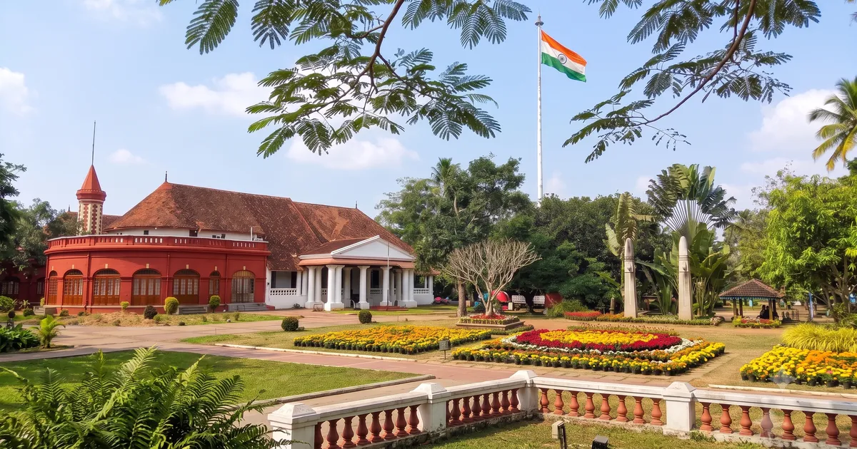A wide tree-lined avenue in Trivandrum with colonial-era stone walls and tropical canopy, representing Krumbiegel's urban planning legacy