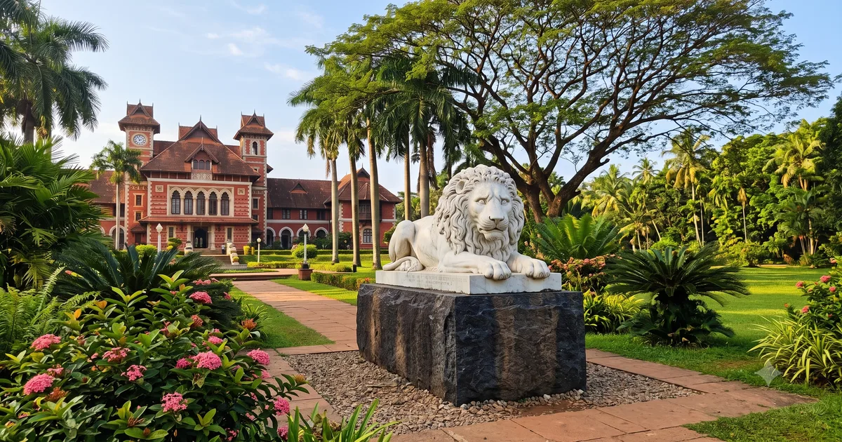 White marble lion sculpture at Kanakakunnu Palace grounds, Trivandrum, with the Kerala-Gothic palace building visible in the background