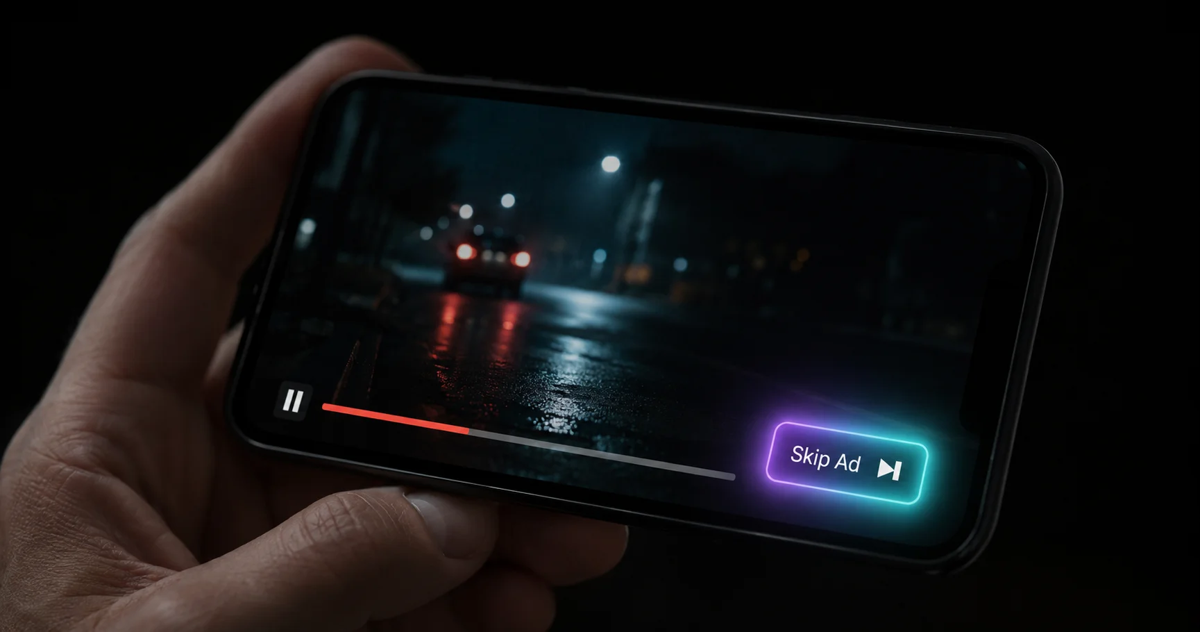 A smartphone screen showing a YouTube video with a Skip Ad button highlighted, against a dark background